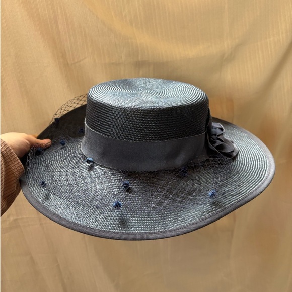 Vintage Summer Navy Blue Woven Fishnet Veil Boater Hat - Picture 1 of 8